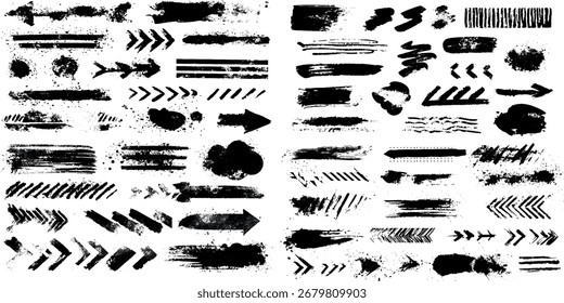 Satz von Schwarz-Weiß-Silhouetten verschiedener Pinselstriche, Handgezeichnete Sammlung verschiedener Pfeil- und Pinselsätze, Volle Sammlung von belasteten Texturen mit Tintentropfen und Flecken.