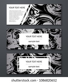 Set of black, white and silver banners templates. Modern abstract design. Hand drawn ink pattern. Brush texture.