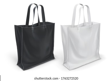 Set of black and white simple eco bags standing on the surface. Vector illustration isolated on a white transparent background. Mock up template for design.