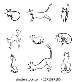 Set of black and white simple funny images of cats like as ink drawing