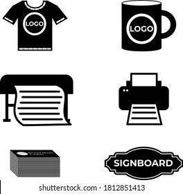 Set of black and white simple icons for website polygraphy, advertising and print services. Vector silhouettes of business cards, signboard, printer, plotter, cup and t-shirt with logo

