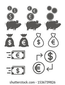 Set of black and white simple money icons. Euro and dollar icons, Piggy bank and bag of money.