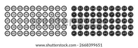 Set of black and white simple number bullet marker with from 1 to 50. Monochrome round stickers, badges with numbers. Collection of marker icons. Vector flat illustration