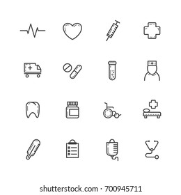 Set of black and white simple vector outline line art medic health icons