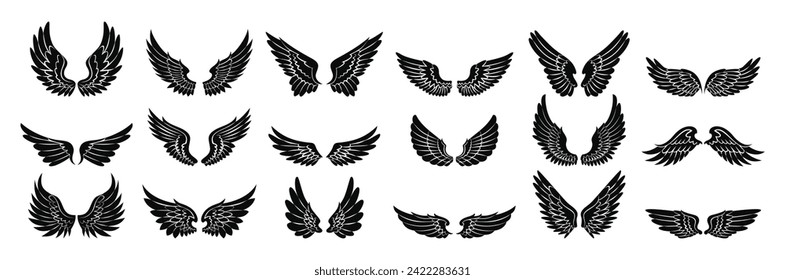 Set black and white simple wing icons vector set and design feather wings bundle.