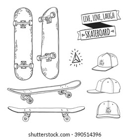 Set of black and white skateboards and caps. For labels, logos, icons. Attributes of skateboarding. Skate set with caps. Skate set for print and sticker. Skateboard style. Vector.