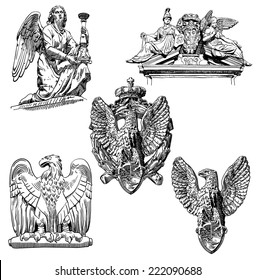 set of black and white sketch drawing winged element angel and eagle from Rome, Italy, vector illustration