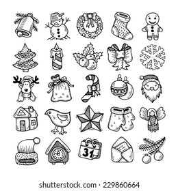 Set Of Black And White Sketch Drawing Christmas Doodle Icons