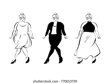 Set of black and white sketch of plus size fashion girls