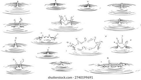 Set of Black and White Sketch Style Water Splashing and Droplets.