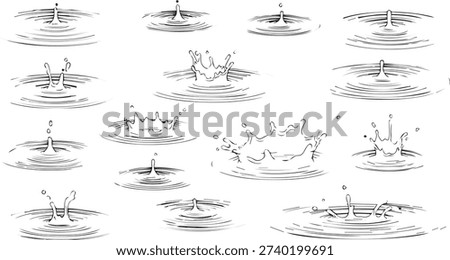 Set of Black and White Sketch Style Water Splashing and Droplets.