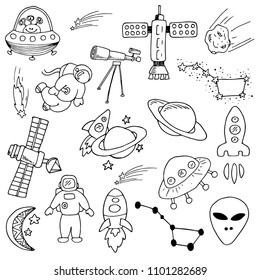 set of black and white sketches on a space theme, stars, white background, hand drawing, design elements, vector illustration