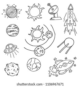 set of black and white sketches on a space theme, stars, white background, hand drawing, design elements, vector illustration