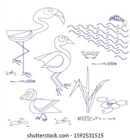 set of black and white sketches on transparent background of seabirds - flamingos, arthropods, fish and marsh plants. This is a set of illustrations of stylized birds, marine animals of aquatic plants