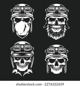 set of black and white skull biker head logo