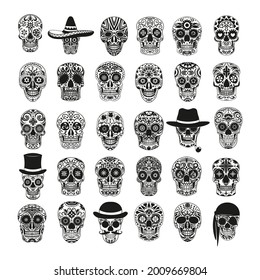 Set of black and white skulls for the day of the dead. Illustrations in the Mexican style for creating stickers, tattoos, prints.