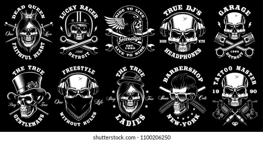 Set of black and white skulls with different crossed elements on dark background. Shirt designs with queen, biker, dj, gentleman, barber and many others. Text is on the separate layers.