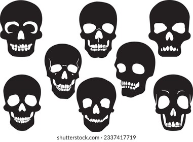 Set of black and white skulls. Set of skull silhouettes. Skull vectors isolated.