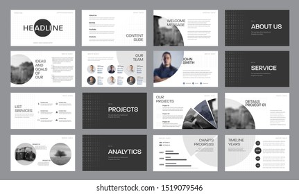 Conjunto de plantillas de diapositivas en blanco y negro con círculos y fotos, para informes anuales y presentación de diapositivas web para marketing. Diseño conceptual de elementos de línea de tiempo infográficos e ilustraciones vectoriales.