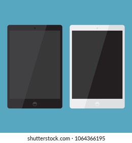 Set of black & white smart digital tablets with black screen icon in flat style design, isolated on blue background,vector eps10