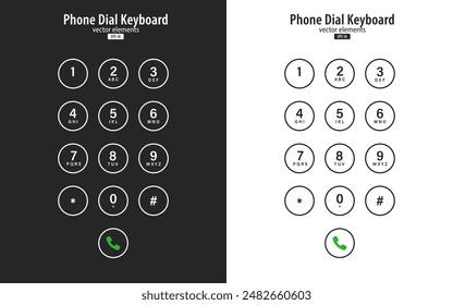 Conjunto de diseño de teclado de dial de teléfono inteligente en blanco y negro. Panel de Números de teléfono móviles con números y letras. Diseño de pantalla de interfaz de usuario de Botones de marcado. UI UX. Ilustración vectorial.