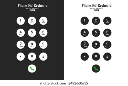 Conjunto de diseño de teclado de dial de teléfono inteligente en blanco y negro. Panel de Números de teléfono móviles con números y letras. Diseño de pantalla de interfaz de usuario de Botones de marcado. UI UX. Ilustración vectorial.