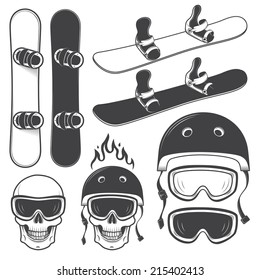 Set of black and white snowboards and designed snowboarding elements. Extreme theme, winter sport, outdoors adventure.