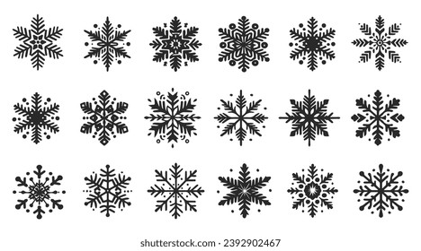 Set of black and white snowflakes icons. Snowflake doodle collection. Winter icons with white background. Vector illustration.