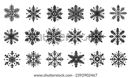 Set of black and white snowflakes icons. Snowflake doodle collection. Winter icons with white background. Vector illustration.