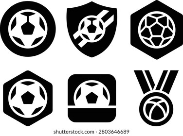 A set of black and white soccer ball icons in different shapes like circles, shields, hexagons, and medals, isolated on white background
