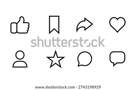 A set of black and white social media icons including the like, heart, comment, chat, user, star, share, and bookmark symbols.