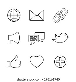 Set of black and white social network icons including twitter like mail link bird chat sound globe share