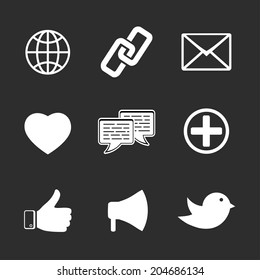 Set Of Black And White Social Network Twitter Icons Isolated On Black Including Like, Bird, Heart, Link, Globe, Chat, Mail, 