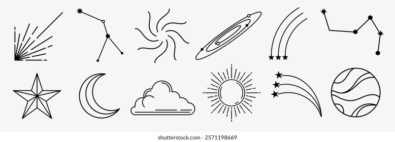 Set of black and white space icons featuring stars, constellations, and planets. Includes sun, moon, and cloud designs. Simple, minimalist space-themed icons. Element vector collection.