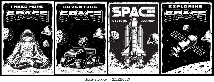 Set of black and white space posters in vintage style with shuttle, astronaut meditation, space satellite. This design can also be used as a t-shirt print.