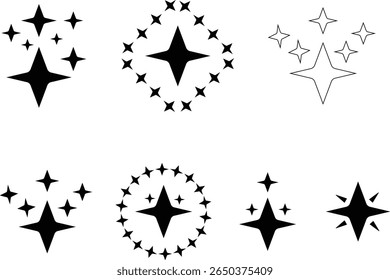 Set of black and white sparkles and stars isolated on white background