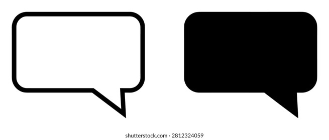Set of black and white speech bubble icons with rounded corners and pointed tail on white background on transparent background