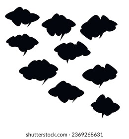 Set of black and white speech bubbles. Cartoon Vector illustration. Isolated on transparent white background. Hand draw style, dialog clouds. 
