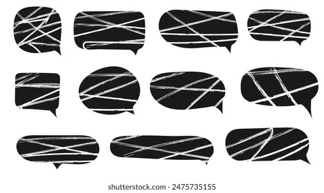 Conjunto de burbujas de habla en blanco y negro. Cuadro de diálogo en estilo garabato con texturas garabateadas. Garabatos dibujados con rotulador. Cuadros de texto para chats y juegos. Diversas Formas de globo de charla en estilo retro de los años 90