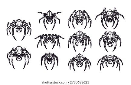 Conjunto de ilustrações de aranha preto e branco em diferentes poses