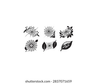 Set of black and white spider web illustrations with leaves and branches