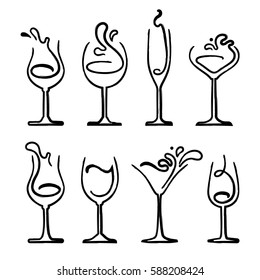 Set of black and white splashing drink on glass. Hand draw style. Silhouette alcoholic glasses. eps10