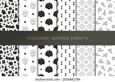 Set of black and white spooky seamless patterns with doodle Halloween icons, sculls, pumpkins, bones, tree branches.