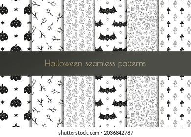 Set of black and white spooky seamless patterns with doodle Halloween icons, pumpkins, tree branches, snakes, bats, mushrooms.