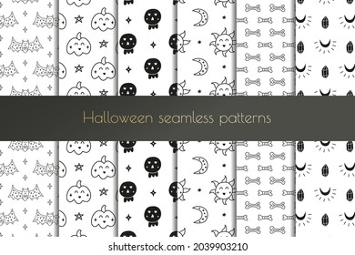 Set of black and white spooky seamless patterns with doodle Halloween icons, bats, pumpkins, sculls, moon, sun, bones, crystals.