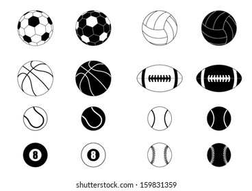 The Set Of Black And White Sports Balls Vector Illustration Silhouettes