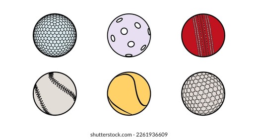 A set of black and white sports balls. Tennis, hockey, baseball, cricket, golf, floorball. Vector illustration. Flat style.