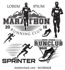 set of black and white sports emblems for the sprint and marathon