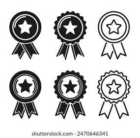 Set Of Black And White Star Award Ribbons Perfect For Representing Quality, Achievement, And Excellence, Monochrome Set