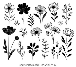 Set Of Black And White Stem Flowers and Leaf Hand Drawn Style Design